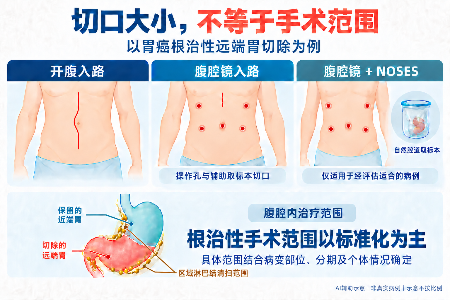 开腹、腹腔镜及结合NOSES的腹壁入路与胃切除、区域淋巴结清扫范围示意图