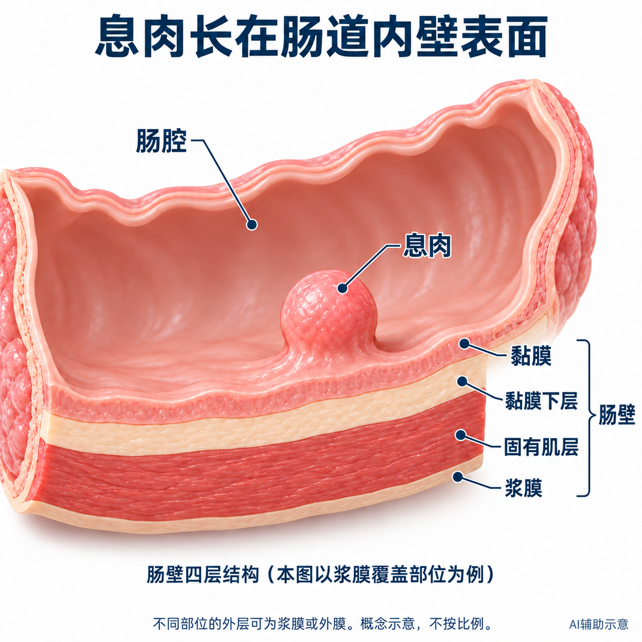 肠息肉与肠壁四层结构示意图